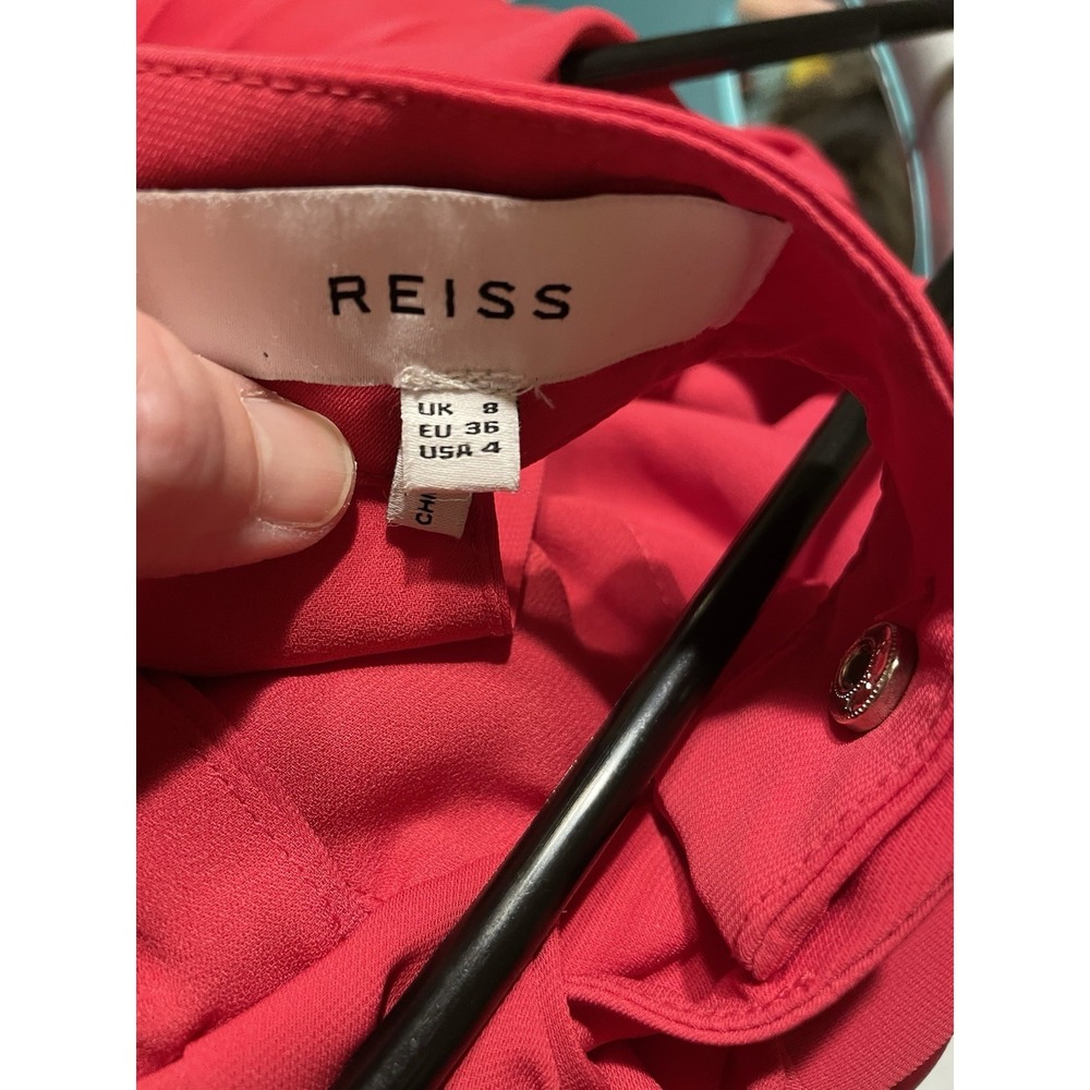 Reiss Red Pleated Halter Midi Dress Berry Pink Gold Button Detail Size 4 - Picture 13 of 14